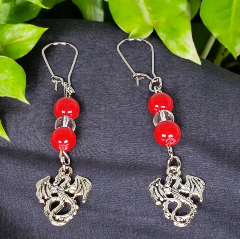 Silver Dragon Earrings with Red Coral Beads Earth Art New Age Grunge Gothic GoT